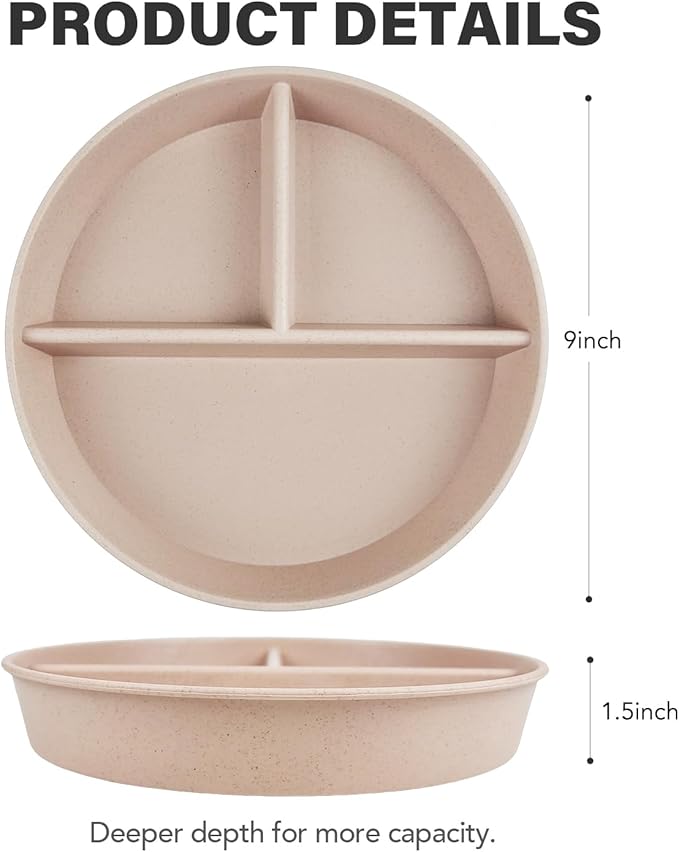 greenandlife 9 Inch 4PCS Portion Control Plates with Lids, Divided Plates for Kids Adults, Dishwasher Microwave Safe Compartment Plate, Unbreakable Lightweight Reusable Wheat Straw Plate, Earth Tone-HomvellaHome