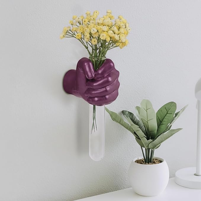 Creative Wall Hanging Sculpture, Artistic Wall Hanging Hand Sculpture with Test Tube vases, Home Decoration Hand Against Wall (Purple)-HomvellaHome