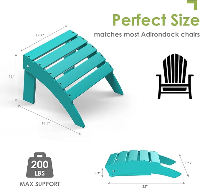 GREENVINES Adirondack-Ottoman | Set of 2 | HDPE Plastic | Outdoor Footrest | All Weather | Foot Rest | Foot Stool | Aqua | for Adirondack Chair | for Patio Backyard Pool-HomvellaHome