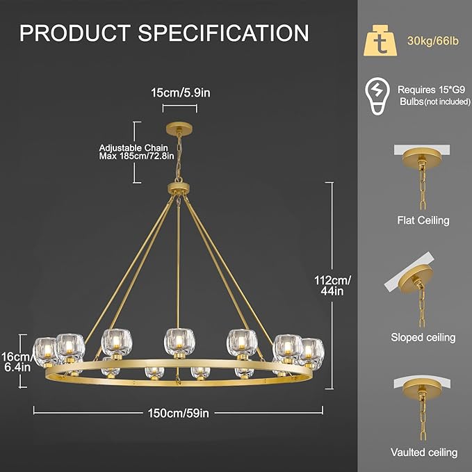 Gold Wagon Wheel Chandelier, 59 Inch Brass Chandeliers with Unique Glass Shade, 15-Light Crystal Large Wagon Wheel Chandeliers for Dining Room, High Ceiling Round Chandelier for Living Room, Foyer-HomvellaHome