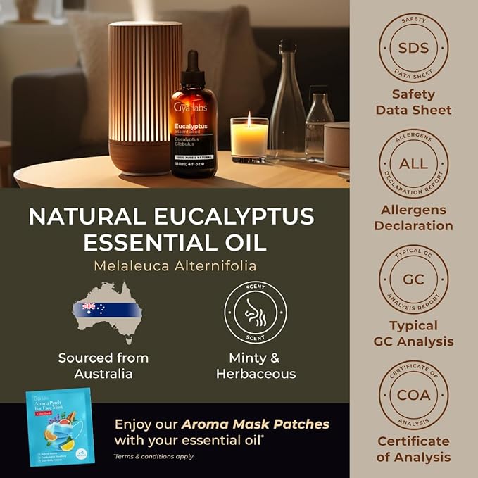 Gya Labs Eucalyptus Essential Oil for Diffuser - Huge 4 Fl Oz - 100% Pure Natural Eucalyptus Oil for Skin, Humidifier, Aromatherapy & Candle Making Scent-HomvellaHome