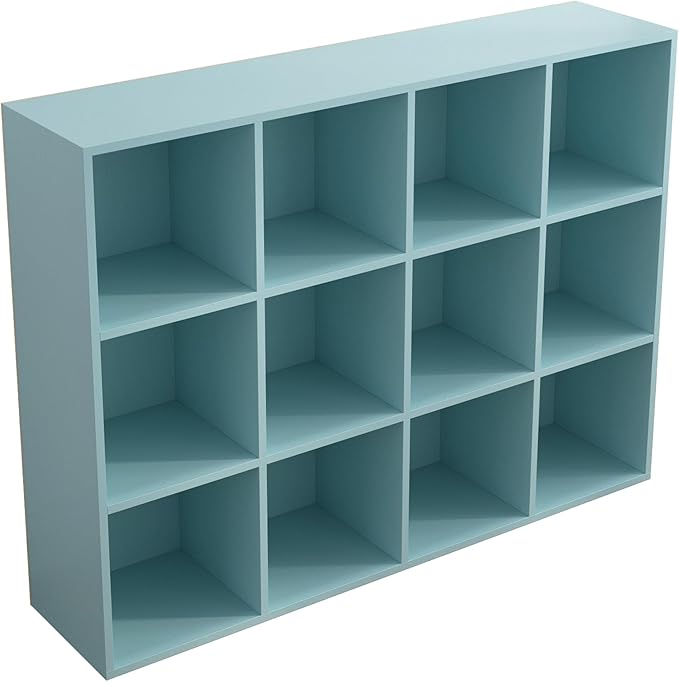 12-Cube Storage Shelf Bookcase - Wooden 3-Tier Floor Standing Open Bookshelf for Home and Office, Display Cabinet, Light Blue-HomvellaHome