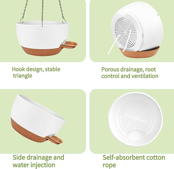 2 Pack Hanging Planters for Indoor Outdoor Plants, 12 Inch Self Watering Hanging Pot with Drainage Holes and Saucer, Plastic Plant Pots, White Brown Flower Pots for Kitchen, Balcony, Garden-HomvellaHome