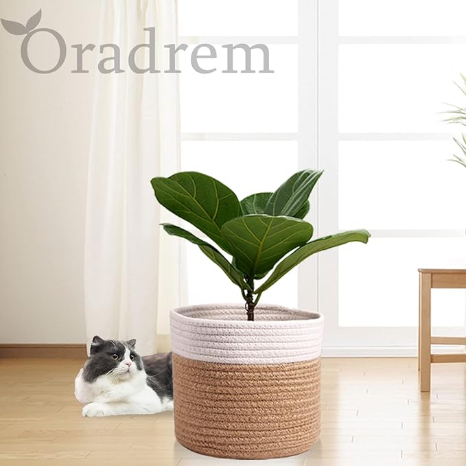 11" Cotton Rope Plant Basket Modern Woven Baskets for 10" Flower Pot Floor Indoor Planters,Storage Organizer Baskets Home Decor,Brown White 11"x 11"-HomvellaHome