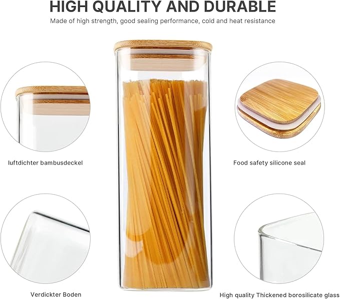 Glass Food Storage Jars 76 oz Set of 3,Glass Storage Containers Clear Glass Food Canister with Bamboo Lid Airtight For Serving Tea, Coffee, Flour, Sugar, Candy, Cookie, Spice and More (Square)-HomvellaHome