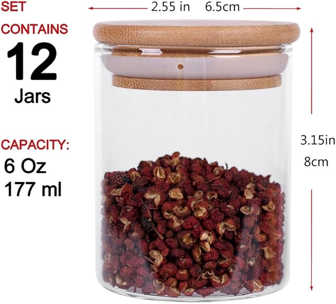 Glass Jars Set,Upgrade Spice Jars with Wood Airtight Lids and Labels, 6oz 12 Piece Small Food Storage Containers for Home Kitchen, Tea, Herbs, Sugar, Salt, Coffee, Flour, Herbs, Grains…-HomvellaHome
