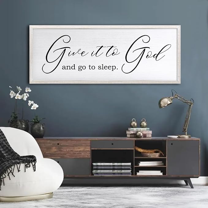 Give It To God And Go To Sleep Sign Wall Decor 40x15 Inch Large Farmhouse Master Bedroom Above Bed Hanging Wall Art Rustic Guest Room Wood Framed Over Bed Wall Decoration (White)-HomvellaHome