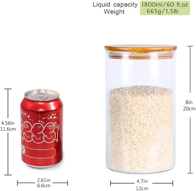 Glass Rice Storage Containers, 60 FL OZ (1800ml) Kitchen Food Jars with Airtight Lid, Stackable Clear Pantry Canister for Coffee Bean, Pet Treat, Flour, Loose Tea and More-HomvellaHome