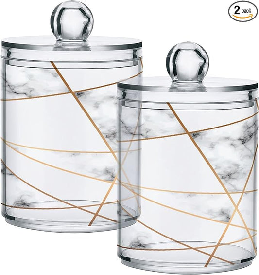 2 Pack Qtip Holder Dispenser White Marble Gold Line Bathroom Storage Canister Lid Acrylic Plastic Apothecary Jar Set Vanity Makeup Organizer for Cotton Swabs/Pads/Floss-HomvellaHome