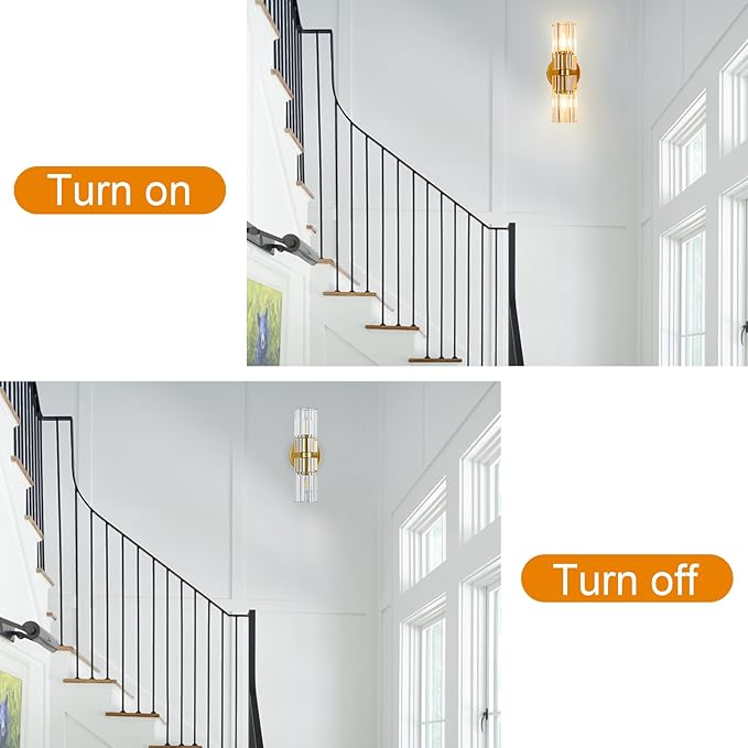 Gold Crystal Wall Sconces Set of Two, Wall Sconce Set of 2, Brass Sconces Wall Lighting with K9 Crystal Lampshade, Wall Lights for Bedroom Living Room Bathroom Hallway-HomvellaHome