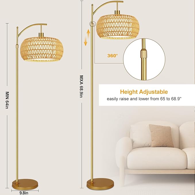 Gold Floor Lamps for Living Room Rattan Boho Floor Lamp with Remote Control,Dimmable Arc Floor Lamp Wicker LampShades Brass Standing Lamp with 3 Color Temperature Tall Floor Lamps For Bedroom Corner-HomvellaHome