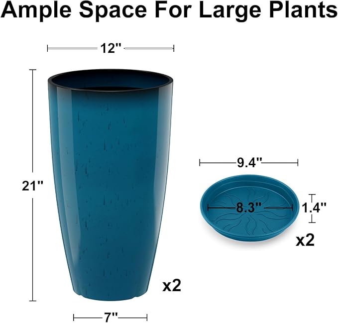 GameXcel Tall Flower Pot Indoor - Outdoor Plant Pot - Turquoise Glossy Planter - Elegant Stone Imitation - 12" Diameter 21" Tall with Drainage Holes and Saucer 2Pack-HomvellaHome
