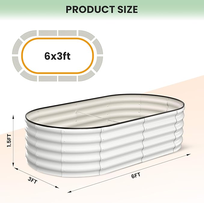 2 Pcs 6x3x1.5ft Oval Raised Garden Bed, Galvanized Raised Beds,Open-Ended Base Metal Raised Planter Beds,Garden Bed Outdoor,Planter Raised Boxes for Vegetables, Flowers,Tool-Free Asse,White-HomvellaHome