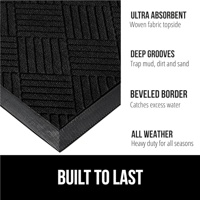 GORILLA GRIP 100% Waterproof All-Season WeatherMax Doormat US Designed Natural Rubber, Stain and Fade Resistant, Low Profile Indoor Outdoor Door Mats, Easy Clean Patio Mat, 17x29, Black Diamond-HomvellaHome