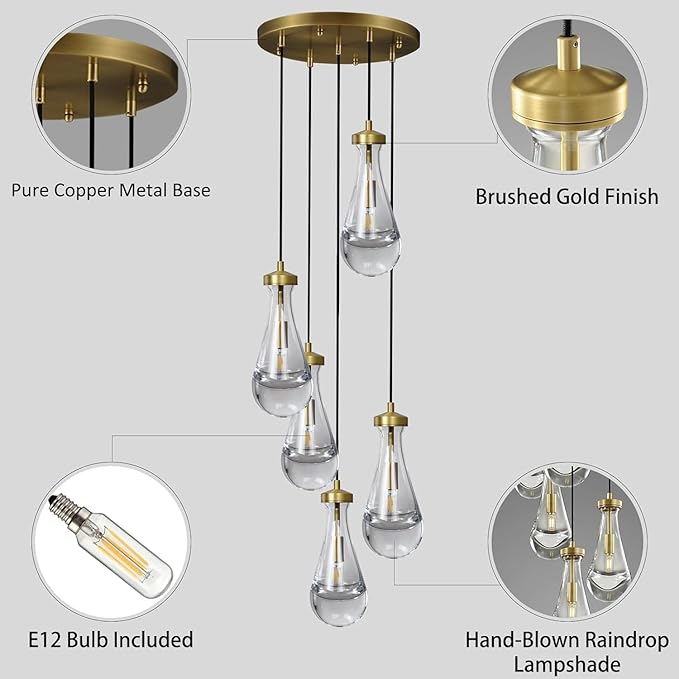 Gold 5 Light Cluster Pendant Lighting, Raindrop Chandeliers Brass Dining Room Lights Fixture, Teardrop Pendant Lights Kitchen Island, Hanging Lamp Ceiling for Entryway Foyer Staircase-HomvellaHome