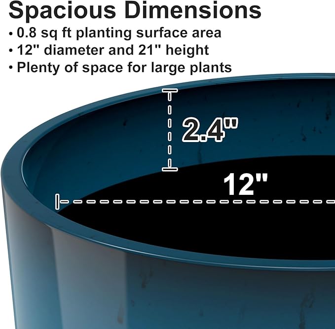 GameXcel Tall Flower Pot Indoor - Outdoor Plant Pot - Turquoise Glossy Planter - Elegant Stone Imitation - 12" Diameter 21" Tall with Drainage Holes and Saucer 2Pack-HomvellaHome