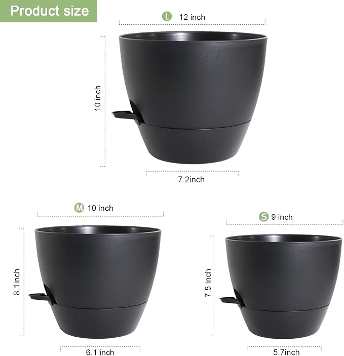 12/10/9 inch Large Self Watering Pots, Planter, Plant Pots with Mesh Drainage Holes for Indoor Outdoor Garden Plants, Plastic Flower Pots with Removable Deep Reservoir, Black-HomvellaHome