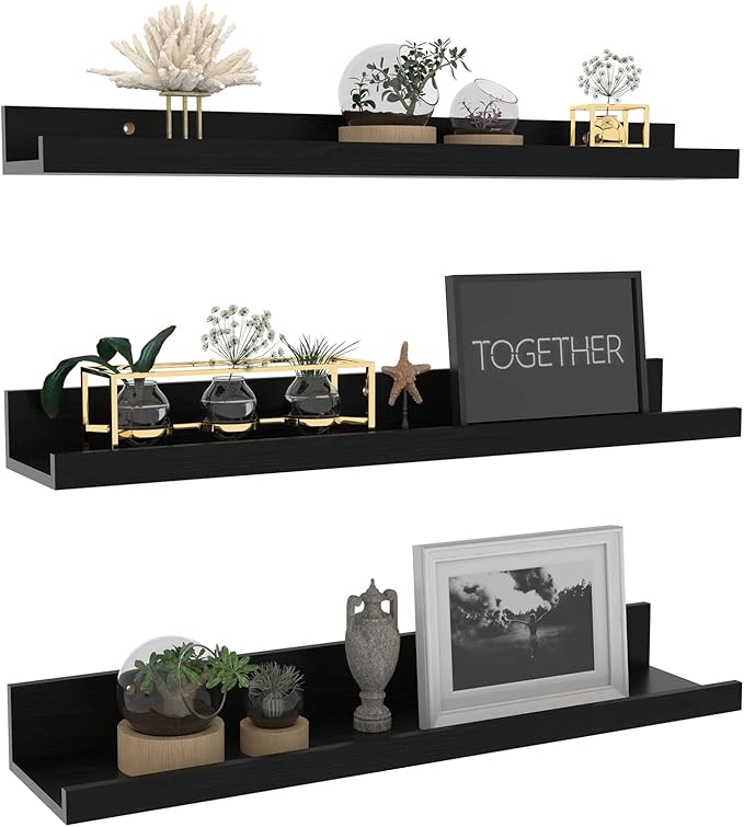 Giftgarden 24 Inch Black Floating Shelves Wall Mounted Woodgrain Picture Ledge Shelf for Storage Bedroom Bathroom Kitchen Living Room Office, Set of 3 Different Sizes-HomvellaHome