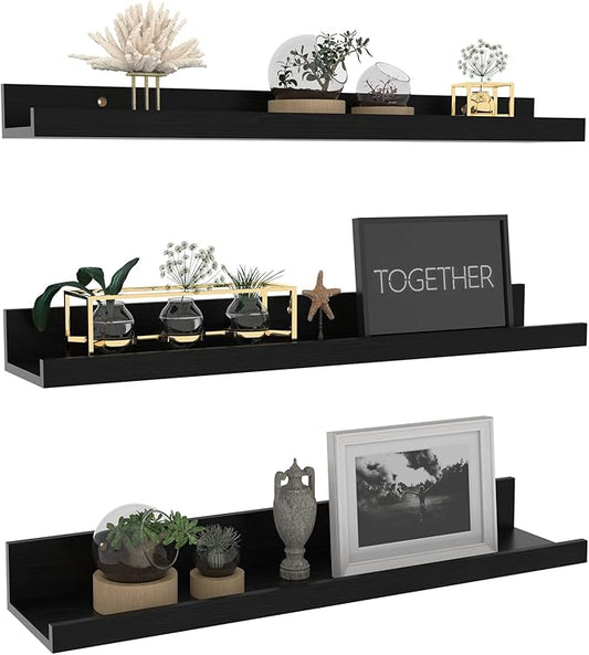 Giftgarden 24 Inch Black Floating Shelves Wall Mounted Woodgrain Picture Ledge Shelf for Storage Bedroom Bathroom Kitchen Living Room Office, Set of 3 Different Sizes-HomvellaHome