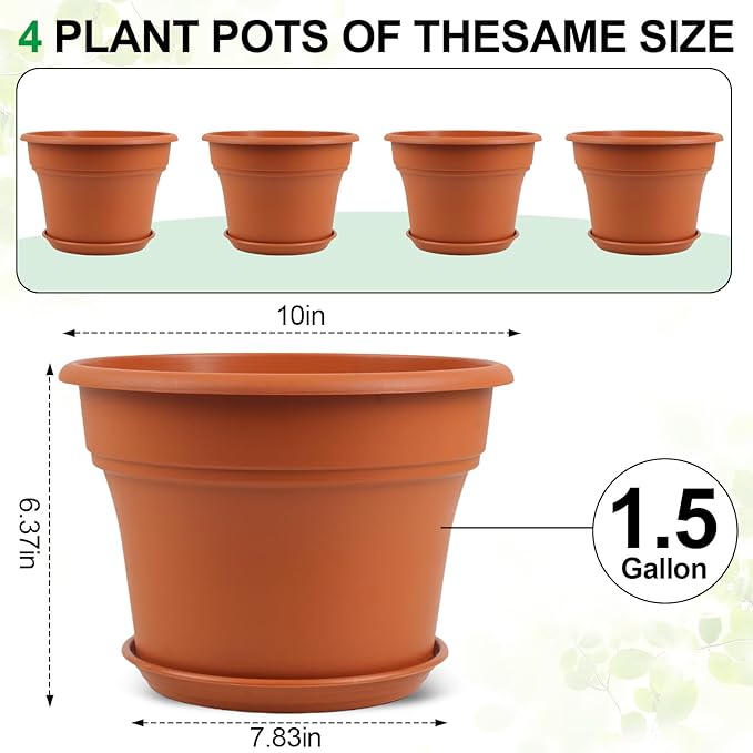 10 Inch Plastic-Flower-Pot-for-Indoor-Plants, 4 Pack Large Outdoor Planter Pot with Drainage Holes & Saucers, Resin Decorative Garden Pots Planters-HomvellaHome