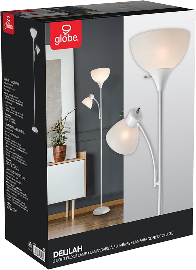 GLOBE Electric 67136 72" Torchiere Floor Lamp with Adjustable Reading Light, Matte White Finish, Frosted Shades, Rotary Switch on Socket, E26 Base-HomvellaHome