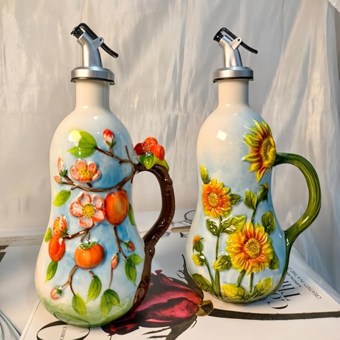 18.26oz/540ml Ceramics Olive Oil Dispenser Bottle,Hand Painted Reliefs Oil Dispenser for Kitchen,Oil Bottles for Kitchen (Sunflower)-HomvellaHome