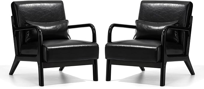 Glitzhome 2 Set Mid Century Black Accent Armchair, Single Reading Armchair PU Leather Lounge Chair with Walnut Ruberwood Frame-HomvellaHome