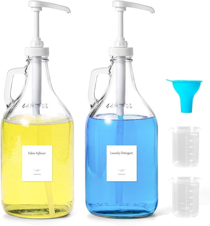 Glass Laundry Detergent Dispenser with Pump, 64OZ Liquid Laundry Soap Dispenser, Fabric Softener Dispenser Bottle for Laundry Room Organization and Storage, 2 Pack-HomvellaHome