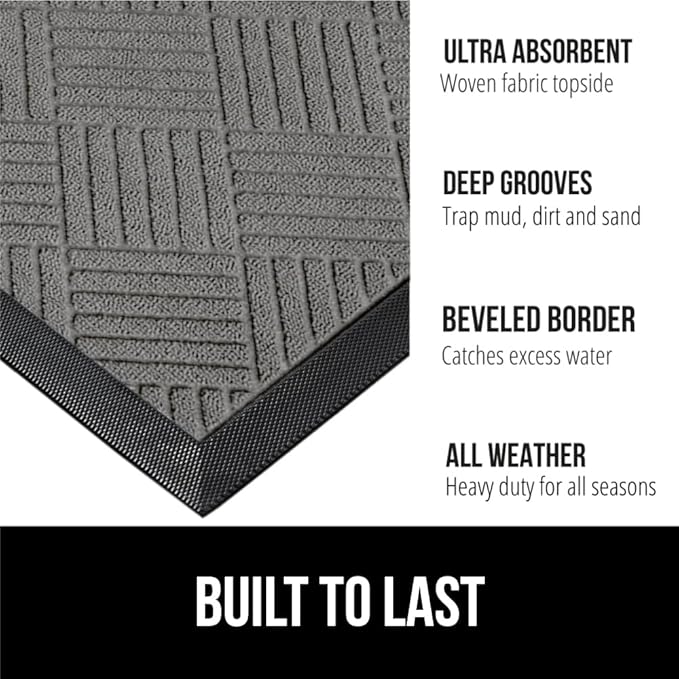 GORILLA GRIP 100% Waterproof All-Season WeatherMax Doormat US Designed Natural Rubber, Stain and Fade Resistant, Low Profile Indoor Outdoor Door Mats, Easy Clean Patio Mat, 17x29, Steel Diamond-HomvellaHome