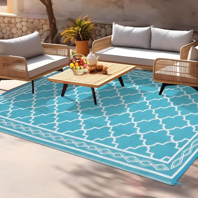 GAOMON Reversible Outdoor Rug 9'x18' Waterproof Plastic Straw Rug, Patio Rug, Large Modern Area Rug Carpet, Indoor Outdoor Rugs for Camping, Porch, Deck, Balcony, Backyard, Teal/White(Geometric)-HomvellaHome