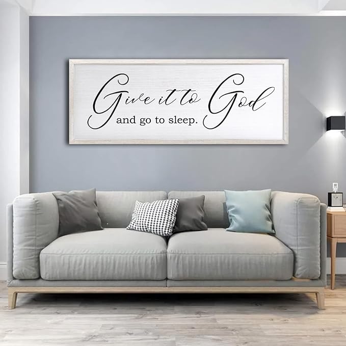 Give It To God And Go To Sleep Sign Wall Decor 40x15 Inch Large Farmhouse Master Bedroom Above Bed Hanging Wall Art Rustic Guest Room Wood Framed Over Bed Wall Decoration (White)-HomvellaHome
