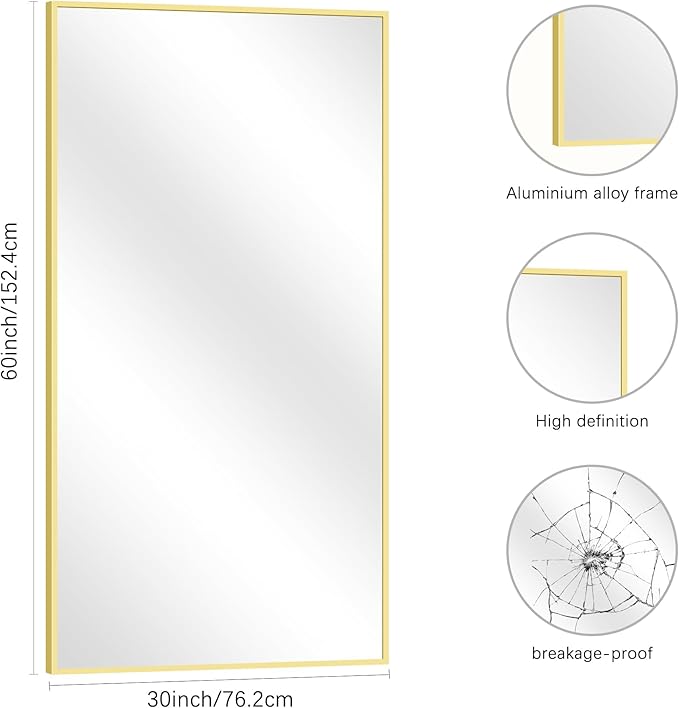Gold Bathroom Mirror for Wall, 60x30 Inch Rectangle Mirrors with Metal Frame, Modern Vanity Wall Mirror Decor for Bathroom Living Room, Entryway Hangs Horizontal or Vertical-HomvellaHome