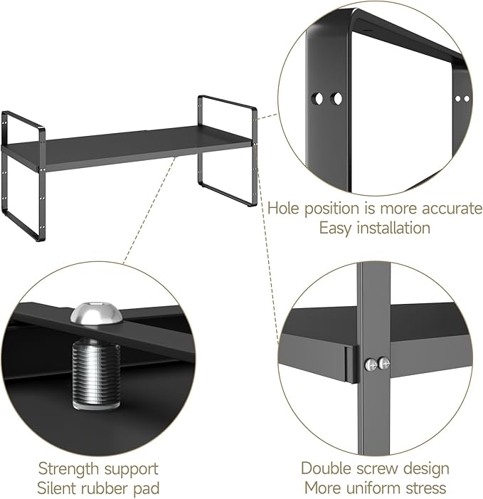 16.5~27.1" Expandable Shelf Organizer, 1Pack 10.2" Wide Stackable Cabinet Shelf Organizers, Black Metal Sturdy Kitchen Counter Storage for Countertop, Adjustable Height Spice Rack-HomvellaHome