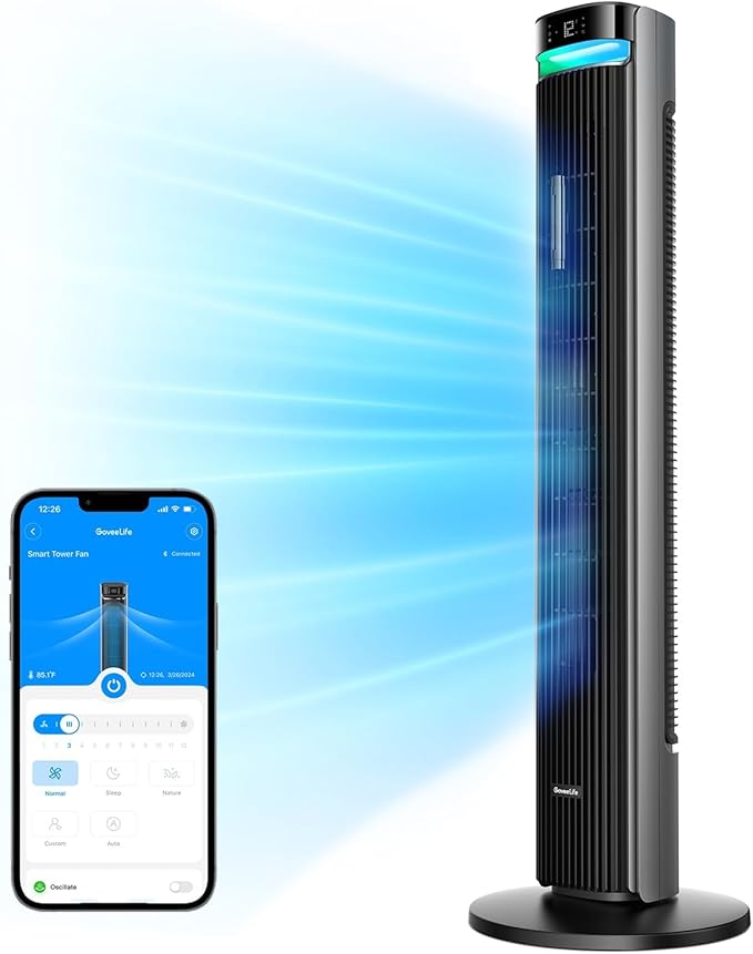 GoveeLife 42'' Tower Fan for Bedroom, Smart Floor Fans with 150° Adjustable Oscillating, APP & Voice Control, 5 Modes 12 Speeds up to 26ft/s, 24H Timer, 27dB Quiet Fan for Cooling Home Office Silver-HomvellaHome