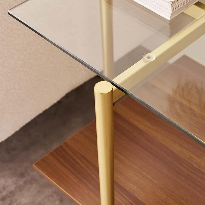 Glass End Table, Mid-Century Modern Design Sofa Table, for Living Room, 2-Tier Structure, Clear Glass Top and Walnut MDF Shelf, Sleek Conical Metal Legs with Gold Finish Frame-HomvellaHome
