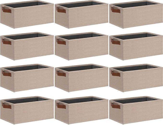 GhvyenntteS Small Fabric Storage Bins 12 Pack, 11.8" x 7.87" x 5.11" Storage Basket with Leather Handles, Closet Storage Bins for Shelves, Storage Baskets for Shelves, DVD Storage (Beige Yellow)-HomvellaHome