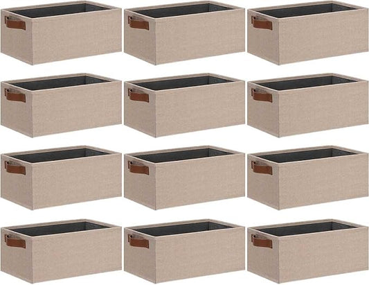 GhvyenntteS Small Fabric Storage Bins 12 Pack, 11.8" x 7.87" x 5.11" Storage Basket with Leather Handles, Closet Storage Bins for Shelves, Storage Baskets for Shelves, DVD Storage (Beige Yellow)-HomvellaHome