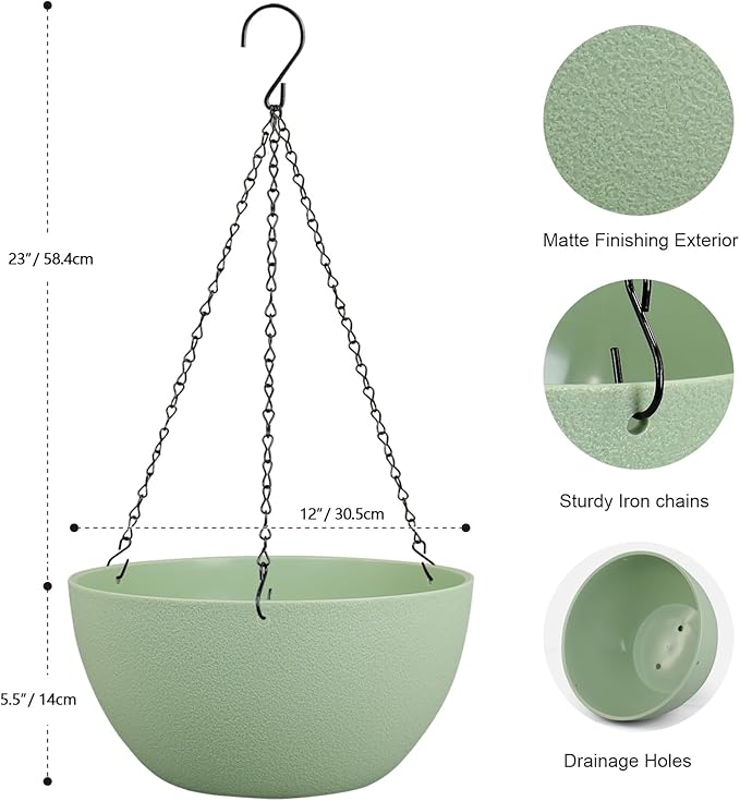 12 inch Large Hanging Planters Plant Pots for Indoor Outdoor Plants, 2 Pack Hanging Flower Pots with Drainage Holes and Chain for Garden Porch, Plastic Hanging Baskets for House Plants, Green-HomvellaHome