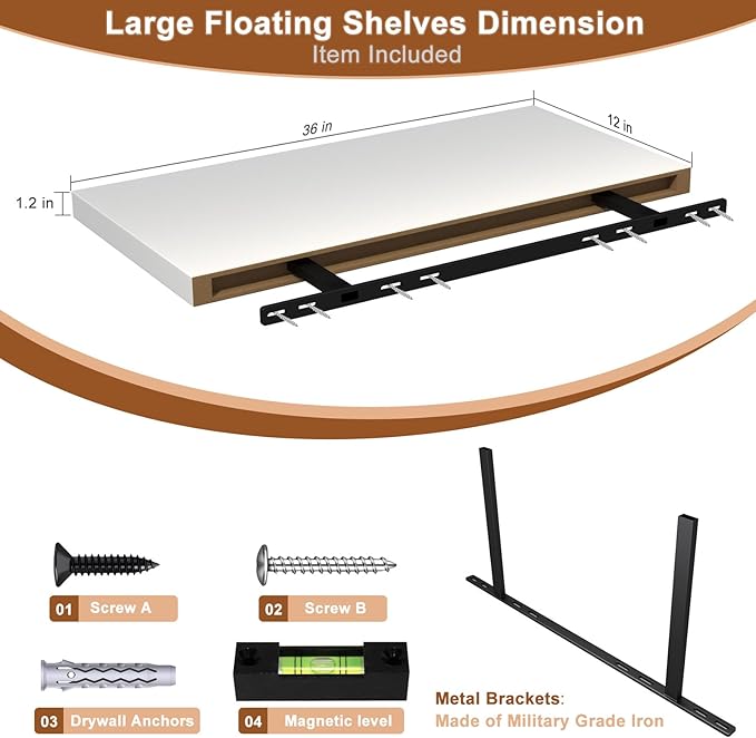 12 Inch Deep Floating Shelves for Wall 2 Pack White Floating Shelves Large Storage Space Wall Mount Shelf for Living Room Kitchen Bathroom 36" W x 12" D x 1.2" White-HomvellaHome