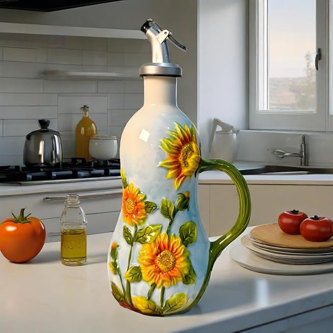 18 Oz Hand Painted Relief Ceramic Olive Oil Bottle Dispenser for Kitchen, Oil and Vinegar Bottle, Seasoning Bottle with Stainless Steel Nozzle, 540mL Oil Container with Handle for Cooking, Light Proof-HomvellaHome