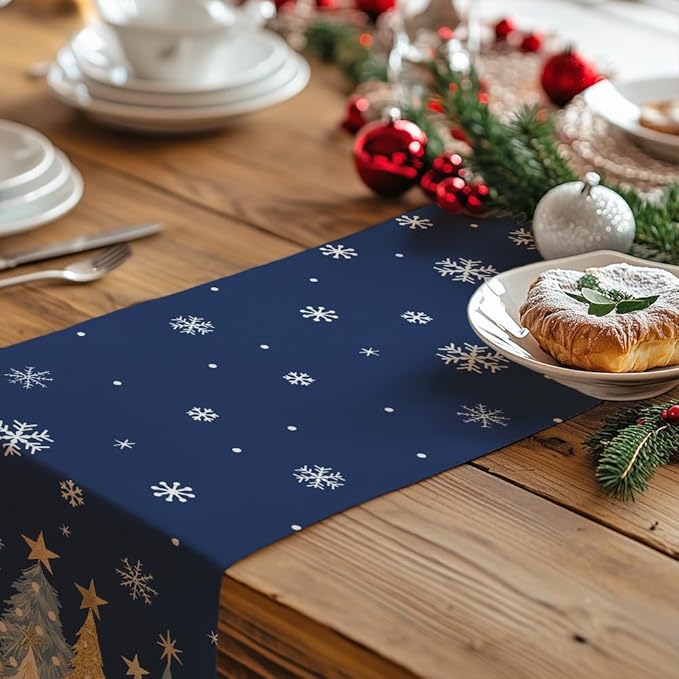 GEEORY Christmas Table Runner 13x72 Inch, Xmas Trees Snowflakes Holiday Decorative Farmhouse Table Decoration for Kitchen Dinning, Indoor Outdoor Dinner Party Decor (Blue) GT151-72-HomvellaHome