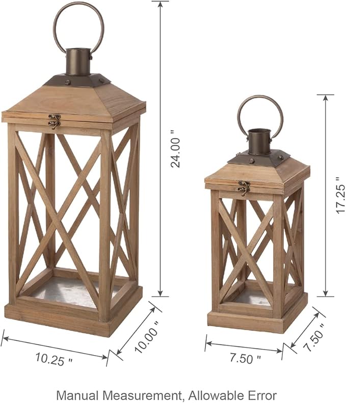 Glitzhome Mondern Farmhouse Wood Metal Lanterns Decorative Hanging Candle Lanterns Set of 2, Natural (No Glass)-HomvellaHome
