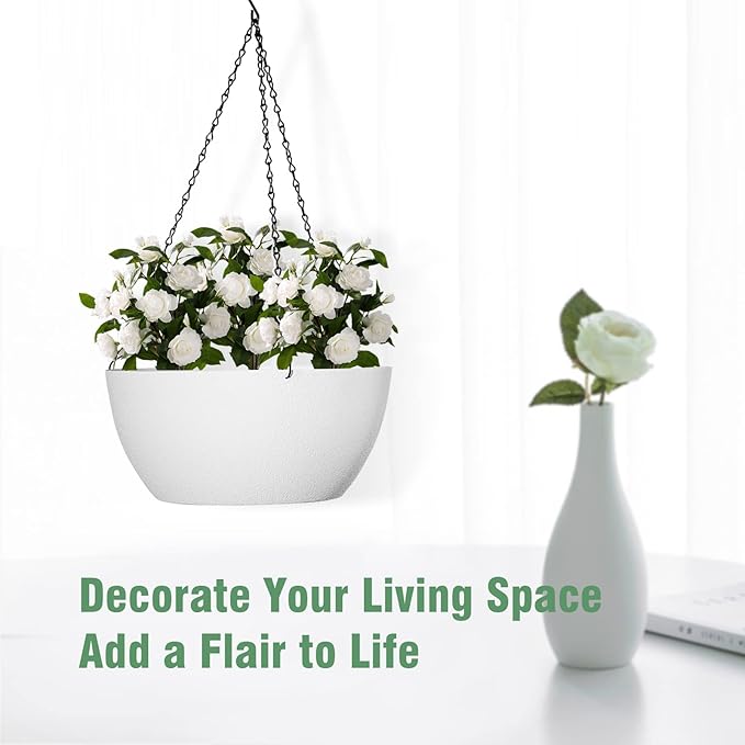 10 inch Hanging Planters for Outdoor Indoor Plants with Drainage Holes and Chain, 2 Pack Round Hanging Flower Plant Pots for Garden Home Porch Decor, White-HomvellaHome