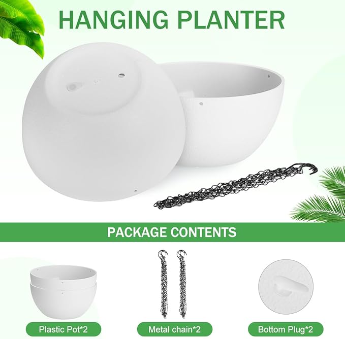 13 inch Hanging Planters for Indoor Plants, 2 Pack Planters for Outdoor Plants with Drainage Holes and Chain, Round Plastic Hanging Baskets, Hanging Flower Pots for Balcony Garden Decor-White-HomvellaHome