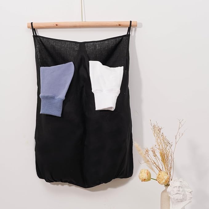 100% Pure Linen Dual Hanging Laundry Bag with 2 Deep Pocket and 2 Side Zipper 20x27in, Over The Door Laundry Hamper Space Saving Hampers for Dirty Clothes Home Travel, Black-HomvellaHome