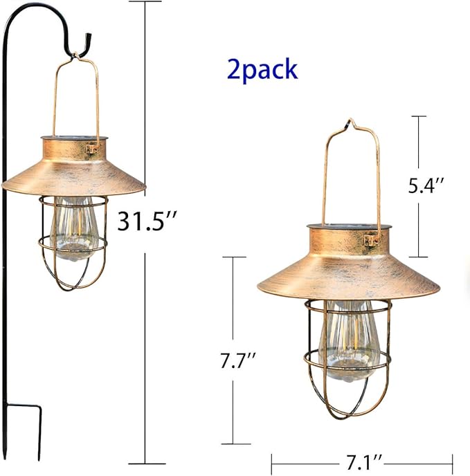 2 Pack Solar Lanterns, Outdoor Hanging Lights Metal with Shepherd Hook Warm White Edison Bulb Design for Garden and Birthday Gifts for Mom Grandma Wife ( Copper)-HomvellaHome