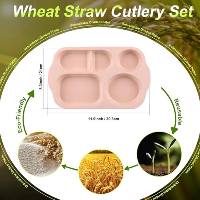 12 Inch Divided Plates4 PCS - Reusable Unbreakable Wheat Straw Plates, Dinnerware Lunch Tray Plates Tableware for Kitchen, Picky Eaters, Campers and Portion Control (Blush)-HomvellaHome