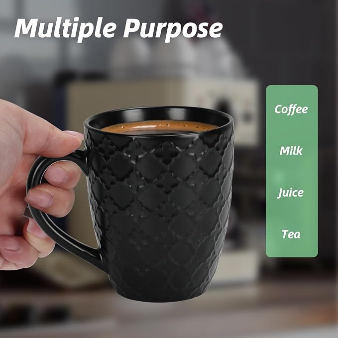 16 OZ Bone Coffee Mugs Set of 6 Matte Black, Large Ceramic Coffee Mugs Set with Different Texture Patterns, Porcelain Cups with Handle for Espresso Latte Tea Milk-HomvellaHome