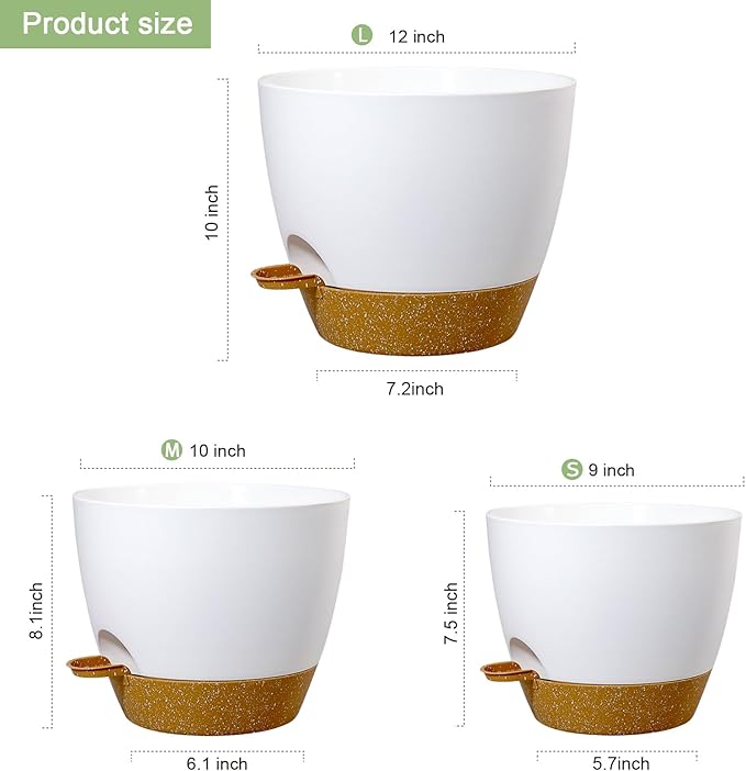 12/10/9 inch Large Self Watering Pots, Plant Pots with Mesh Drainage Holes for Indoor Outdoor Garden Plants, Flower Pots with Deep Reservoir, 3 Pack Plastic Planters, White with Brown-HomvellaHome