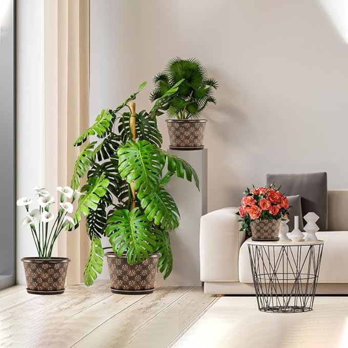 16 Inch Planter Pots for Plants, Plastic Large Flower Pots Indoor Outdoor, 4 Pack Resin Plant Pot with Drainage & Saucer, Retro Decorative Garden Pot with Removable Trays for House-HomvellaHome